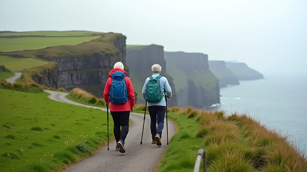 Seniors safely hiking along coastal cliff trail