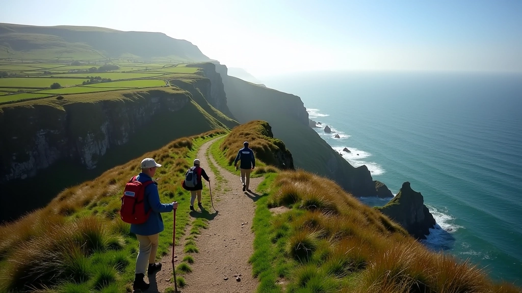 Scenic mountain coastal path with ocean views and valley settlements, winding trail
