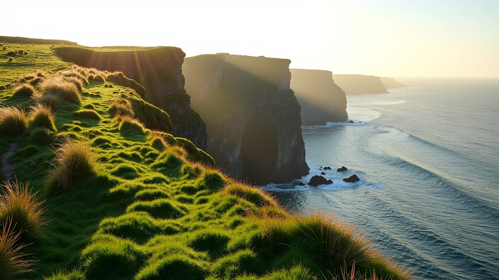 Scenic coastal path with dramatic cliffs overlooking the Irish Sea, green grass and ocean waves visible below