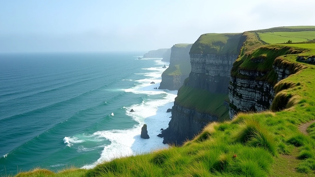 Dramatic coastal cliffs with crashing waves and green cliff edges, Irish Sea landscape