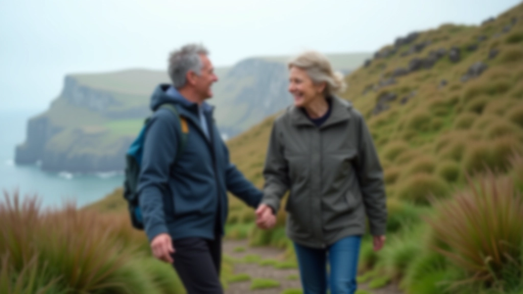 Friendly hiking guide helping senior on coastal trail