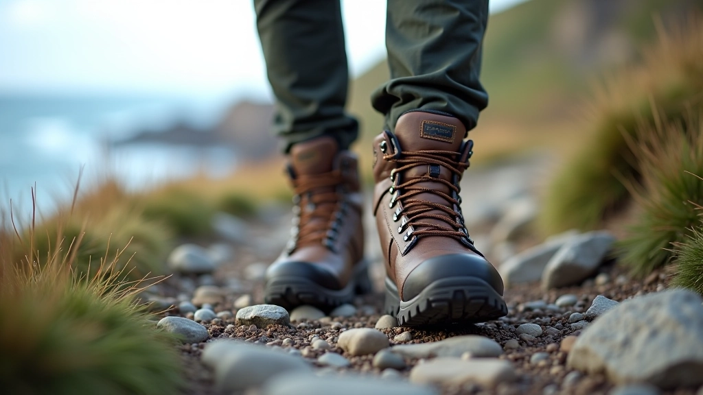 Proper hiking boots on a rocky coastal trail with ocean views in the distance