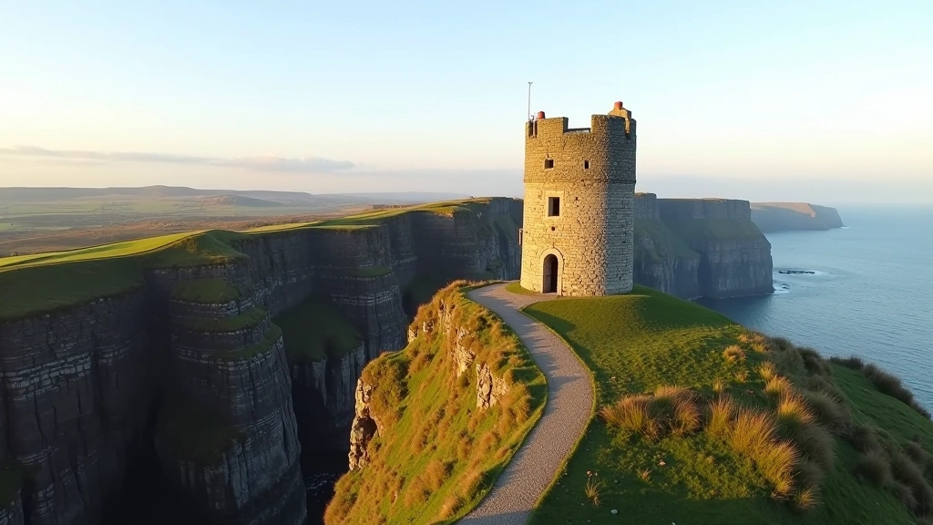 O'Brien's Tower historic stone structure perched on cliff edge with panoramic views of Atlantic coastline and distant Aran Islands