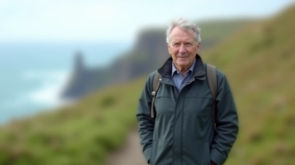 Senior hiker on safe cliff path with railings, enjoying ocean view, sunny day