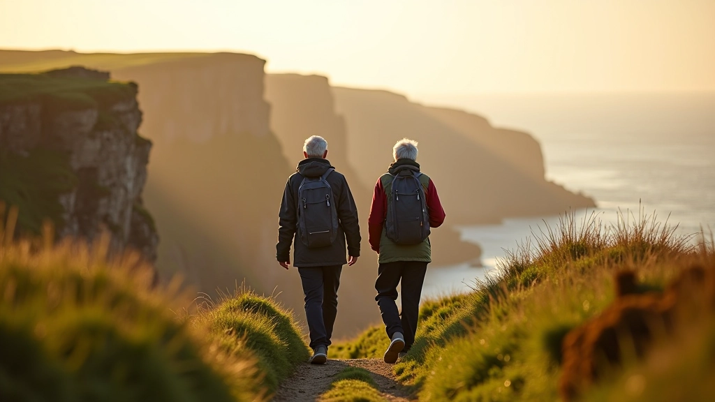 Senior hikers on a coastal cliff path overlooking the Irish Sea with golden light