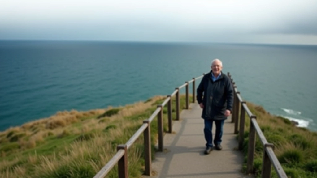 Person standing safely on coastal path with protective railing, demonstrating proper positioning away from cliff edge