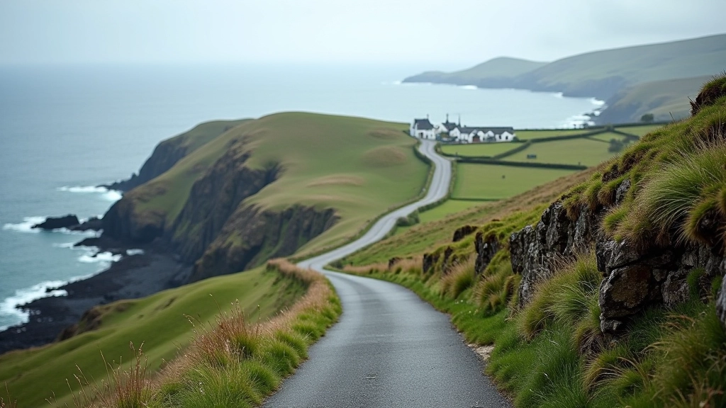 Coastal mountain road with ocean views and small villages nestled in valleys, winding mountain pass