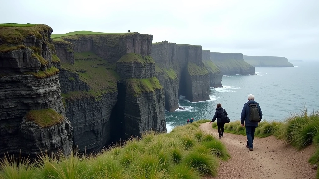 Towering cliff face with golden limestone formations and distant sea view, people for scale on the path