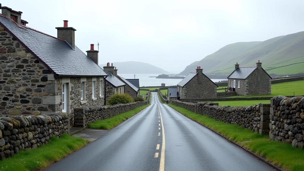 Quiet coastal village street with traditional stone buildings, mountains in background, minimal traffic